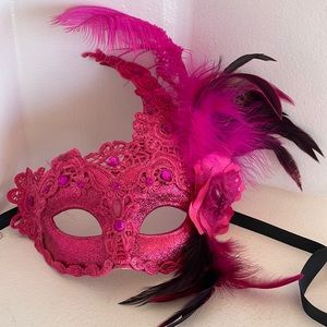 Hot Pink Mask Fancy Dress Halloween Feather and Lace